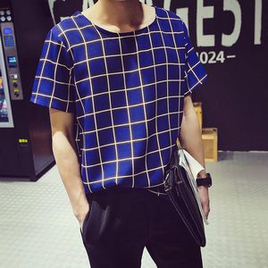 诗丹船王 夏季男装日系短袖格子T恤