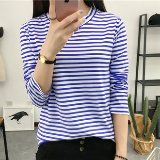 韩版长袖女宽松条纹上衣T恤