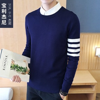 宝利杰尼 男士薄款圆领徽章休闲长袖毛衣针织衫