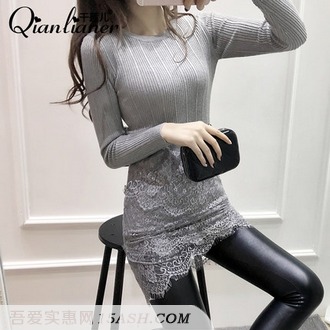 千莲儿 女装蕾丝拼接圆领长袖毛衣